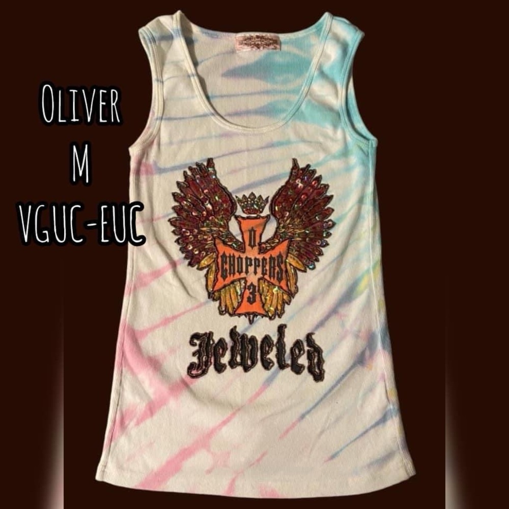 03’ Oliver LA Boutique Beaded Tie Dye Biker Wife Beater Tank Top sz M VGUC-EUC